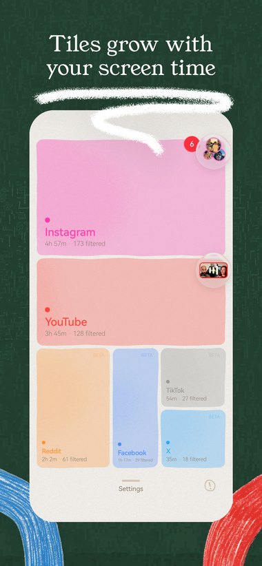 App Store screenshot: “Tiles grow with your screen time”